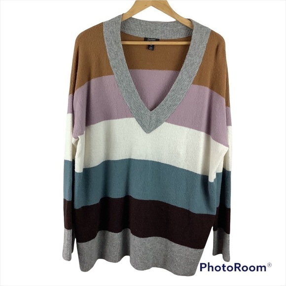Halogen x Atlantic-Pacific Stripe V-Neck Sweater - Picture 1 of 5